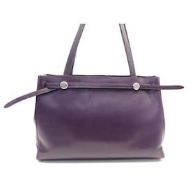 Hermès-SAC A MAIN HERMES CABANA 35 CUIR GRAINE PRUNE CABAS PLUM LEATHER HAND BAG-Prune