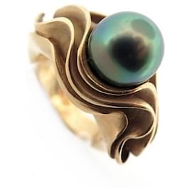 Autre Marque-BLACK PEARL RING 10MM YELLOW GOLD 18K 21GR SIZE 54 BLACK PEARL YELLOW GOLD RING-Golden