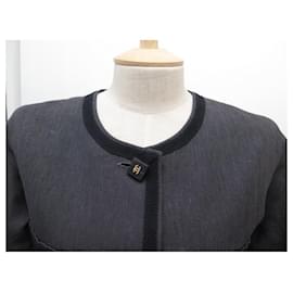Chanel-VINTAGE CHANEL JACKET CC LOGO 28897 S 36 GRAY LINEN LOGO BUTTONS CC JACKET-Dark grey
