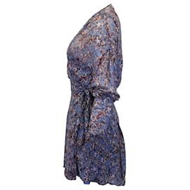 Iro-IRO Bustle Floral Langarm-Wickel-Minikleid aus blauer Viskose-Blau