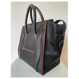 Céline-Céline Luggage in black leather and burgundy edges-Black,Dark red