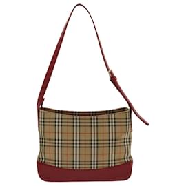 Burberry-BURBERRY Nova Check Shoulder Bag Canvas Leather Beige Red Auth 49093-Red,Beige