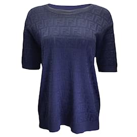 Fendi-Fendi Navy Blue Short Sleeved FF Knit Pullover Sweater-Blue