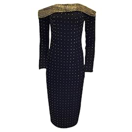Autre Marque-Sally LaPointe Black / Gold Studded Off-the-Shoulder Crepe Dress-Black