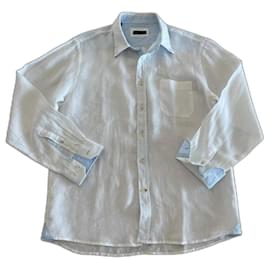 Autre Marque-Camicia Roberto Bassi in lino bianco dettagli rigati blu Roberto Bassi T. 5-Bianco,Blu chiaro