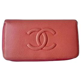 Chanel-CHANEL Timeless long wallet in coral caviar leather-Coral