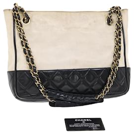 Chanel-Bolso de hombro con cadena CHANEL Lona revestida Blanco Negro CC Auth bs7078-Negro,Blanco