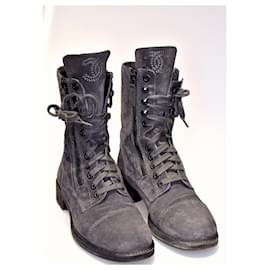 Chanel-Iconic Combat Boots with dustbag-Grey,Dark grey