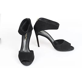 Gianvito Rossi-Black Suede Open Toe Heels Shoes Size 37.5-Black