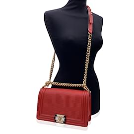 Chanel-Red Cube Embossed Leather Medium Boy Shoulder Bag-Red