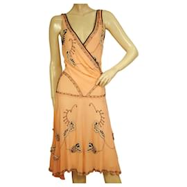Temperley London-Temperley London Knielanges Kleid aus pfirsichfarbener Seide mit Blumen- und Perlenstickerei, Größe UK 10-Angeln