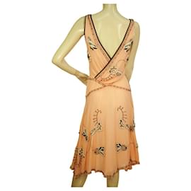 Temperley London-Temperley London Knielanges Kleid aus pfirsichfarbener Seide mit Blumen- und Perlenstickerei, Größe UK 10-Angeln