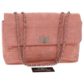 Chanel-CHANEL Choco Bar Bolsa de ombro com corrente camurça rosa CC Auth bs7084-Rosa