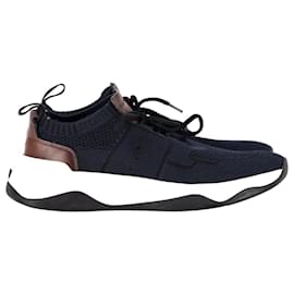 Berluti-Berluti Shadow Knit Sneakers in Navy Blue Mesh and Brown Calfskin Leather-Blue,Navy blue