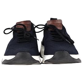 Berluti-Berluti Shadow Knit Sneakers in Navy Blue Mesh and Brown Calfskin Leather-Blue,Navy blue