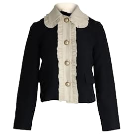 Gucci-Gucci Ruffled Cropped Jacket in Black and Cream Wool-Black
