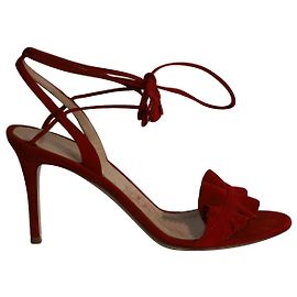 Gianvito Rossi Flora Ruffled Lace-Up Sandals in Red Suede Red