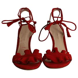 Gianvito Rossi-Gianvito Rossi Flora Ruffled Lace-Up Sandals in Red Suede-Red