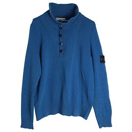 Stone Island High-Neck Half-Buttoned Knit Sweater in Blue Wool Blue