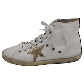 Golden Goose-Golden Goose Francy Distressed High-Top Sneakers in White Canvas-White