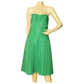Zac Posen-Zac Posen Grass Green Strapless Silk bustier Pleated Skirt midi dress size 8-Green