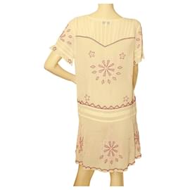Temperley London-Temperley London Ivory Silk Red Pink Embroidery  Sheer Mini Dress size UK 12-Cream