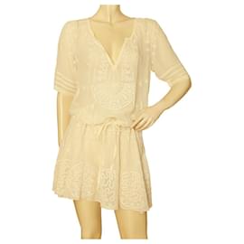 Temperley London-Temperley London Ivory Silk Embroidered Sheer Short Sleeve Mini Dress size UK 10-Cream