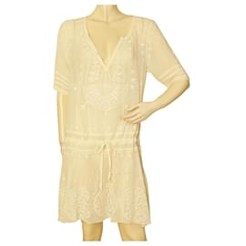 Temperley London-Temperley London Ivory Silk Embroidered Sheer Short Sleeve Mini Dress size UK 10-Cream