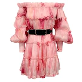 Autre Marque-Leo Lin Pink Off Shoulder Leila Tiered Belted Dress-Pink