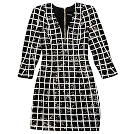 Balmain-Balmain Nero / Mini abito con stampa a griglia geometrica bianca con paillettes-Nero