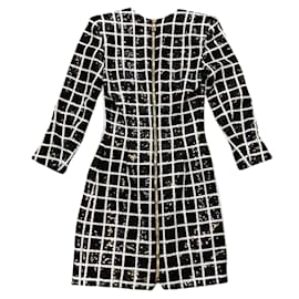 Balmain-Balmain Noir / Mini-robe blanche à paillettes et imprimé grille géométrique-Noir