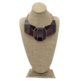 Gianfranco Ferré-Gianfranco Ferre Vintage Brown / Gold Wood and Metal Geometric Necklace-Brown