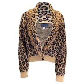 Alanui Tan / marrón / Jersey de punto de lana y cachemir con cuello en V profundo y manga larga con ribete con flecos y estampado de leopardo negro Camello