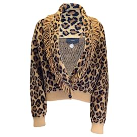Alanui-Alanui Tan / brown / Black Leopard Printed Fringed Trim Long Sleeved Deep V-Neck Cashmere and Wool Knit Sweater-Camel