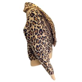 Alanui-Alanui Tan / marrom / Suéter de malha de caxemira e lã com estampa de leopardo preto com franjas e mangas compridas e decote em V profundo-Camelo