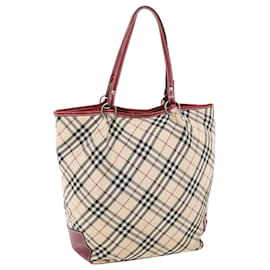 Burberry-BURBERRY Nova Check Blue Label Tote Bag Nylon Beige Red Auth 49770-Red,Beige