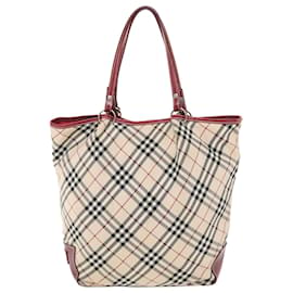 Burberry-BURBERRY Nova Check Blue Label Tote Bag Nylon Beige Red Auth 49770-Red,Beige
