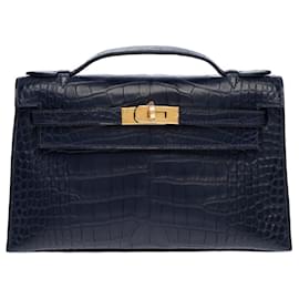 Hermès-HERMES Kelly Cut Clutch Bag aus marineblauem Krokodil - 101375-Marineblau