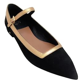 Laurence Dacade-Laurence Dacade Chaussures plates Carmela Mary Jane en daim noir avec bordure dorée-Noir