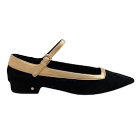 Laurence Dacade-Laurence Dacade Black Suede Carmela Mary Jane Flats with Gold Trim-Black