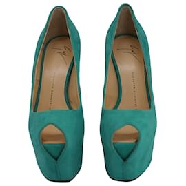Giuseppe Zanotti-Giuseppe Zanotti Zapatos de salón con plataforma peep-toe Liza en ante verde azulado-Otro,Verde