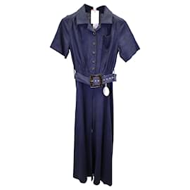 Staud-Staud Zavey Belted Jumpsuit in Blue Linen-Blue