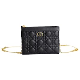 Dior-Dior Caro Zipped Pouch with Chain in Black Calfskin Leather-Black