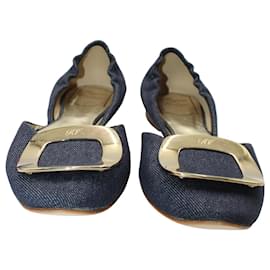 Roger Vivier-Roger Vivier Chip Buckle D'orsay Flats in Navy Blue Denim -Blue