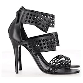 Alexander Mcqueen-Alexander McQueen Sandalias con triple banda cortadas a láser en cuero negro-Negro