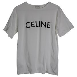 Céline Camiseta con logo Celine de algodón blanco Blanco