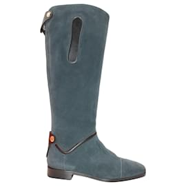 Hermès-Hermes Knee-Length Boots in Blue Suede-Blue