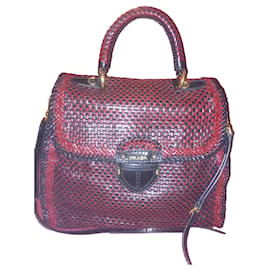 Prada-Prada Rubino Nero Woven Goatskin Madras bag-Black,Dark red