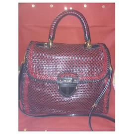 Prada-Prada Rubino Nero Woven Goatskin Madras bag-Black,Dark red