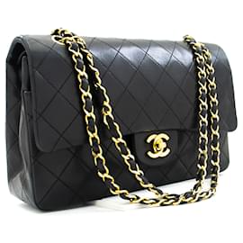Chanel-CHANEL Bolso de hombro con cadena mediano con solapa forrada clásica Cordero negro-Negro